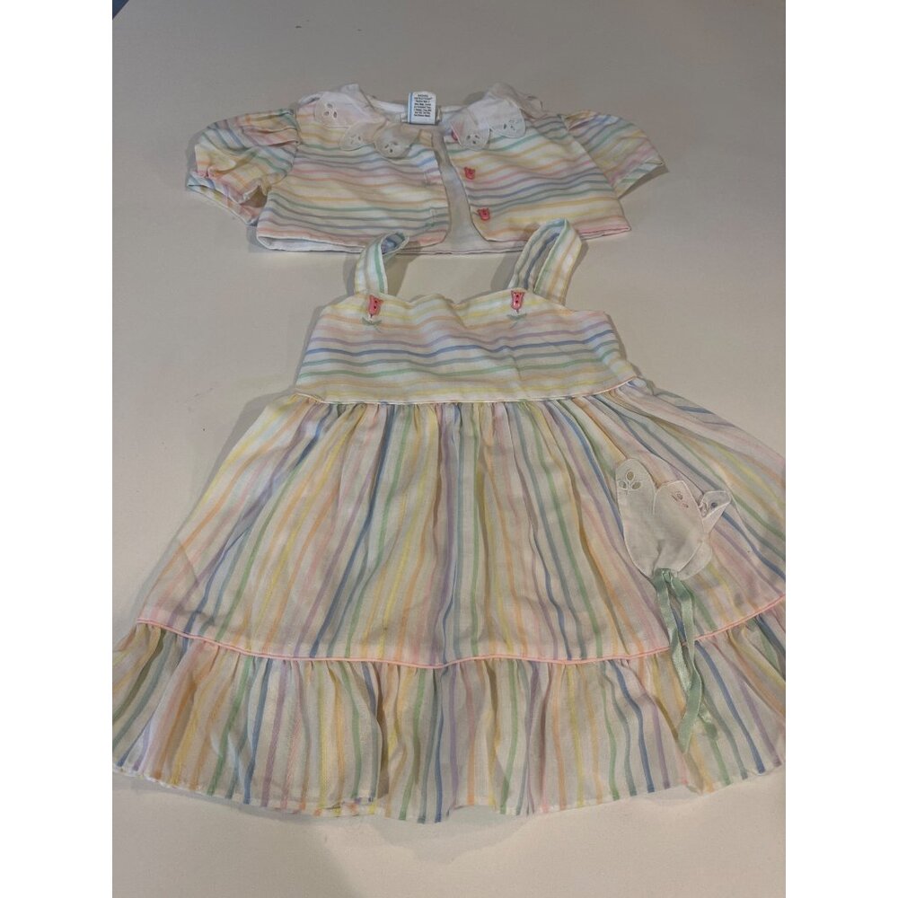 Vintage Toddler 2-Piece Rainbow Stripe Sundress & Cardigan Set W/ Ghost Applique